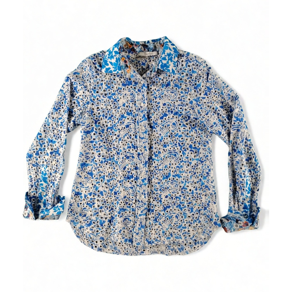Robert Graham Large Floral Eyelet Cotton Button Down Long Sleeve Casual Blouse